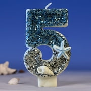 Holloyiver Birthday Number Candles, Blue and Gray Beach and Starfish Conchs Candles with Sequins Ocean Theme Party Cake Topper Decoration Supplies (Number 1)